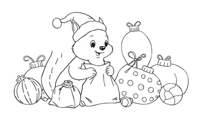 Dessin au trait d'un petit écureuil avec un bonnet de Père Noël, regardant dans un sac cadeau, entouré de boules de Noël.