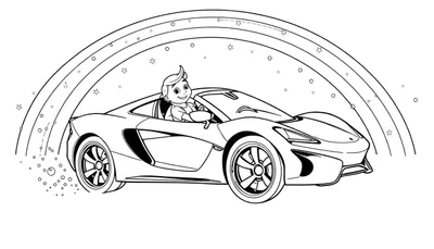 Dessin au trait d'un enfant souriant au volant d'une voiture de sport, avec un arc-en-ciel et des étoiles.