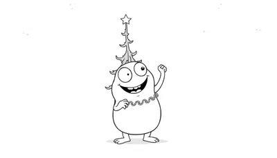 Coloriage d'un extraterrestre souriant en forme de haricot avec une guirlande et un sapin sur la tête.