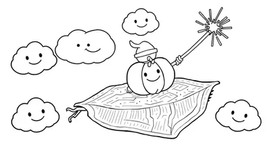 Dessin au trait d'un fantôme de citrouille souriant avec un bonnet, sur un tapis volant, tenant une baguette magique qui brille, entouré de nuages souriants.