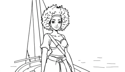 Coloriage d'une jeune femme pirate métisse souriante avec des cheveux frisés, vêtue d'un bandeau, d'un corsage et d'une jupe, debout sur le pont d'un bateau avec le mât et les voiles visibles, en pleine mer.