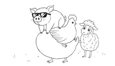 Dessin au trait noir et blanc d'un cochon avec des lunettes de soleil assis sur une poule, avec un mouton debout à droite.
