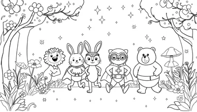 Coloriage forĂȘt avec animaux anthropomorphes: lion, lapins, super-hĂ©ros chat/raton laveur, ours, arbres, Ă©toiles et fleurs.
