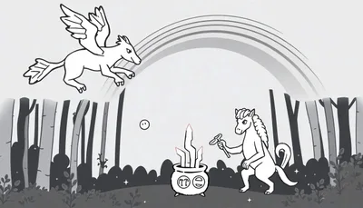 Coloriage d'une forêt enchantée avec un chaudron de potion, un cheval anthropomorphe, un pégase, un arc-en-ciel, des étoiles et des créatures fantastiques.