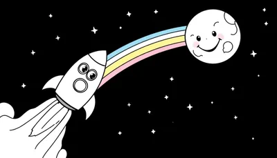 Coloriage d'une fusée stylisée s'élançant dans l'espace, un arc-en-ciel coloré menant à une lune joyeuse, avec un ciel étoilé en arrière-plan.