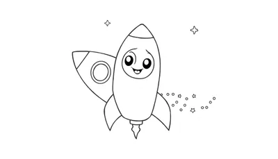 Dessin au trait d'une fusée de dessin animé souriante dans l'espace avec des étoiles.