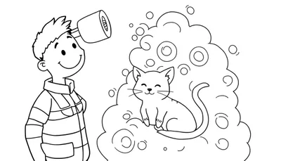 Dessin au trait d'un garçon riant avec un rouleau de papier toilette sur la tête, regardant un chat détendu dans une bulle de savon.