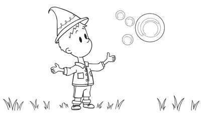 Dessin au trait noir et blanc d'un jeune garçon avec un chapeau pointu jouant avec des bulles dans un champ.