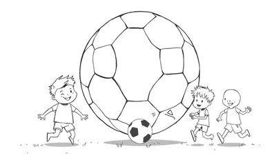 Dessin en noir et blanc de trois enfants riant en courant autour d'un immense ballon de football.