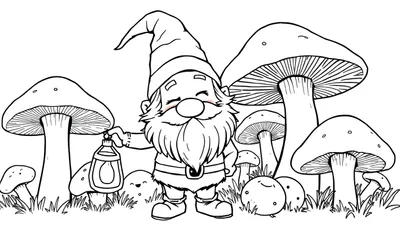 Coloriage d'un gnome avec un chapeau pointu et une barbe, tenant une lanterne au milieu de champignons et de créatures rondes souriantes.