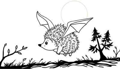 Dessin en noir et blanc d'un hérisson avec des ailes de chauve-souris volant au-dessus d'un paysage stylisé.