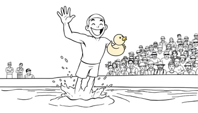 Coloriage d'un homme faisant un plongeon dans l'eau, tenant un canard en plastique jaune, avec une foule applaudissant derrière lui.