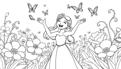 Dessin au trait d'une jeune femme joyeuse avec une couronne de fleurs, les bras levés, entourée de fleurs et de papillons.