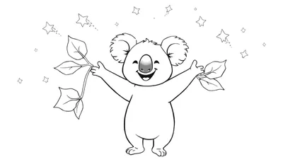 Dessin au trait noir et blanc d'un koala heureux avec des étoiles et des étoiles filantes.