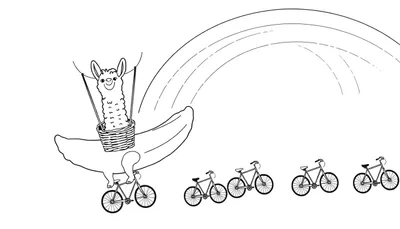 Coloriage d'un lama heureux dans un panier sous un ballon, survolant des vélos.