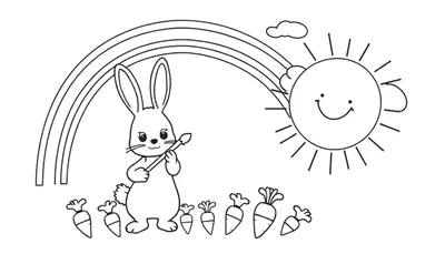 Dessin au trait d'un lapin tenant un pinceau, devant un arc-en-ciel, avec un soleil souriant et des carottes.