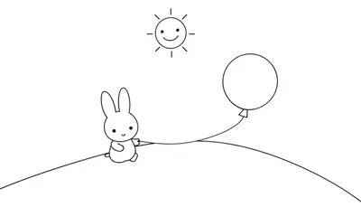 Coloriage d'un lapin souriant assis avec un ballon, sous un soleil joyeux.