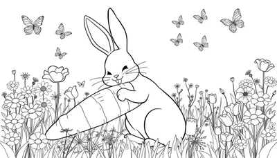 Un lapin tenant une carotte, entouré de fleurs et de papillons, dans un dessin au trait pour coloriage.