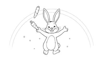 Dessin au trait d'un lapin joyeux jonglant avec deux carottes, avec un arc et des étoiles.