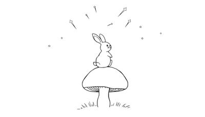 Dessin au trait d'un lapin mignon assis sur un champignon, entouré d'étoiles et de cercles, prêt à être colorié.