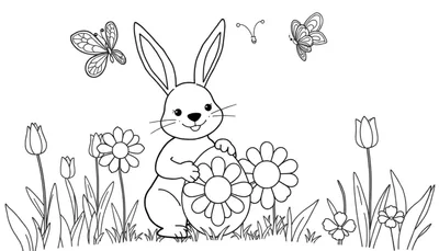 Dessin au trait d'un lapin de Pâques tenant un œuf décoré de fleurs, entouré de fleurs, de papillons et de marguerites.