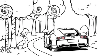 Dessin en noir et blanc pour coloriage: un lapin est assis sur le bord d'une route sinueuse dans une forêt aux arbres en forme de sucettes. Une voiture de sport avec des lunettes de soleil sur le toit est garée à proximité.