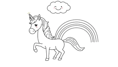 Dessin au trait d'une licorne blanche avec une corne, un nuage souriant et un arc-en-ciel.