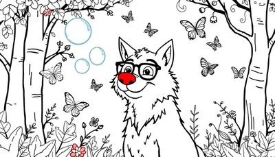 Dessin au trait d'un loup portant des lunettes, entouré de papillons et de feuillage, avec un nez rouge.
