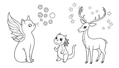 Dessin au trait noir et blanc d'un chat ailé soufflant des bulles planétaires, d'un petit dragon mignon levant la patte et d'un cerf majestueux avec des ramures étoilées.