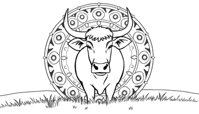 Dessin au trait d'un taureau fort devant un mandala ornemental, sur fond blanc avec de l'herbe en bas.