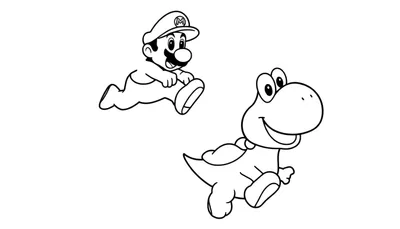 Coloriage de Mario sautant en l'air avec Yoshi courant à ses côtés, style dessin animé simple.