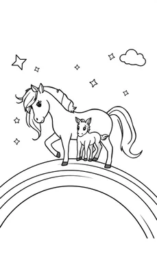 Coloriage d'une jument et son poulain galopant sur un arc-en-ciel, entourés d'étoiles et d'un nuage.