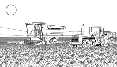 Coloriage d'une moissonneuse-batteuse en action dans un champ de courges, avec un fermier au volant. Un tracteur avec une remorque attend à proximité. Le ciel présente un cercle vide.