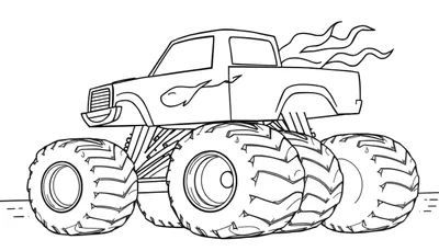 Coloriage d'un monster truck de dessin animé avec d'énormes pneus et des flammes.
