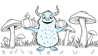 Dessin au trait d'un monstre bleu poilu avec des cornes tenant trois citrouilles, entouré de grands champignons et d'herbe.
