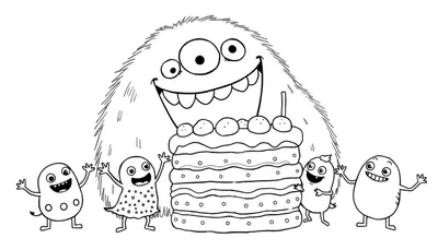 Coloriage noir et blanc d'un grand monstre à trois yeux souriant devant un gâteau d'anniversaire à plusieurs étages, entouré de quatre petits monstres joyeux.
