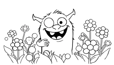 Coloriage d'un monstre souriant et amical au milieu de fleurs.