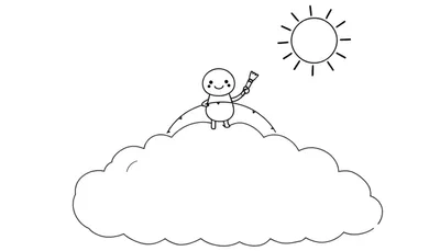 Coloriage d'une petite créature tenant un pinceau sur un nuage, avec un soleil au-dessus.