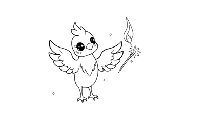 Dessin noir et blanc d'un petit oiseau mignon avec une baguette magique, prêt à être coloré.