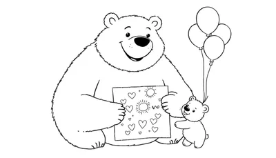 Coloriage d'un grand ours blanc et d'un petit ours blanc se tenant près d'une feuille avec des cœurs et des soleils, avec des ballons au-dessus.