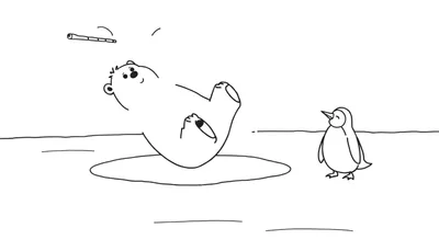 Coloriage d'un ours blanc faisant le fou sur le dos sur la glace, avec un manchot debout à côté et un bâtonnet tombant du ciel.