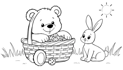 Coloriage d'un ours en peluche dans un panier d'œufs de Pâques et d'un lapin dans l'herbe sous un soleil éclatant.
