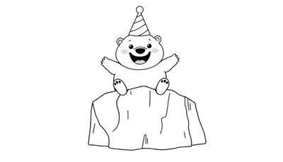 Coloriage d'un ours polaire souriant avec un chapeau de fête sur un morceau de glace, bras levés.
