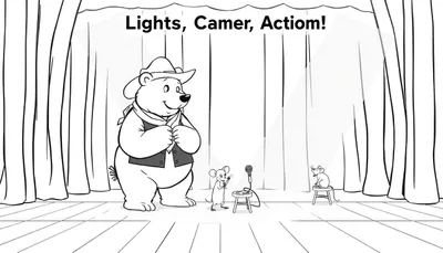Coloriage d'un ours en chapeau de cowboy et gilet sur une scène, avec un microphone et des rats musiciens. Le texte 'Lights, Camer, Action!' est visible.