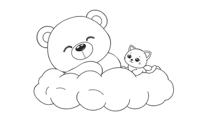 Coloriage d'un ourson endormi et d'un chaton assis sur un nuage, avec des expressions joyeuses.