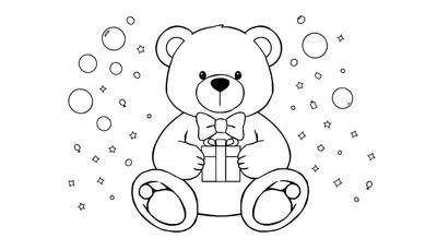 Dessin au trait noir et blanc d'un ourson en peluche assis avec un cadeau et un nœud papillon, entouré de bulles et d'étoiles, prêt à être colorié.