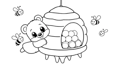Dessin au trait d'un ourson curieux agrippant une ruche d'où coulent des gouttes de miel, avec trois abeilles souriantes volant autour.