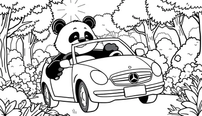 Dessin pour coloriage d'un panda conduisant une voiture de sport décapotable dans une forêt.