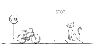 Coloriage d'un panneau stop, d'un vélo et d'un chat sur un trottoir, avec le mot STOP écrit.