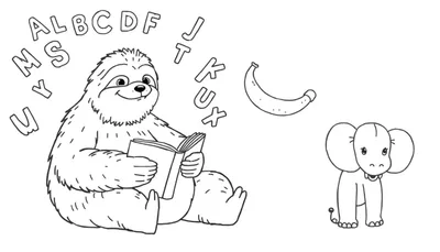 Coloriage d'un paresseux lisant un livre avec des lettres flottantes et un éléphant tenant une banane.